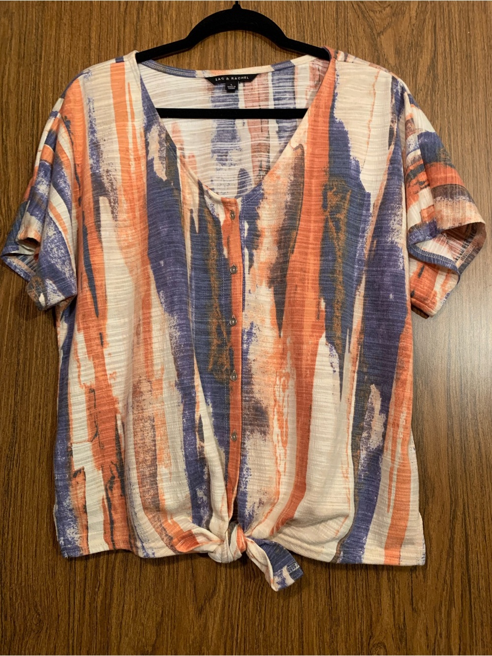 Zac & Rachel Coral, Navy & Cream Tie-Front Button Top